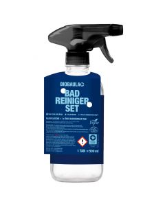 BIOBAULA Bad-Reiniger Set - 1 Tab + Glasflasche - Entwickelt keine gesundheitsschädlichen Dämpfe - löst Kalk und desinfiziert