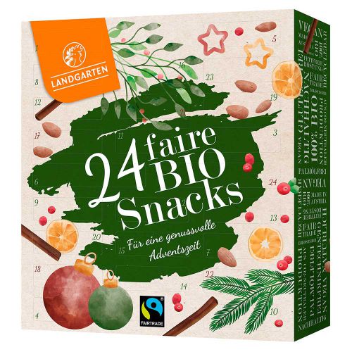 Bio Fairtrade Snack Adventskalender - 24 vegane Snacks in Schokolade umhüllt von Landgarten